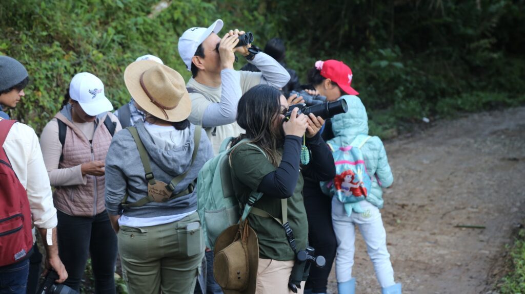 Grupo observa aves con binoculares y cámaras en un sendero