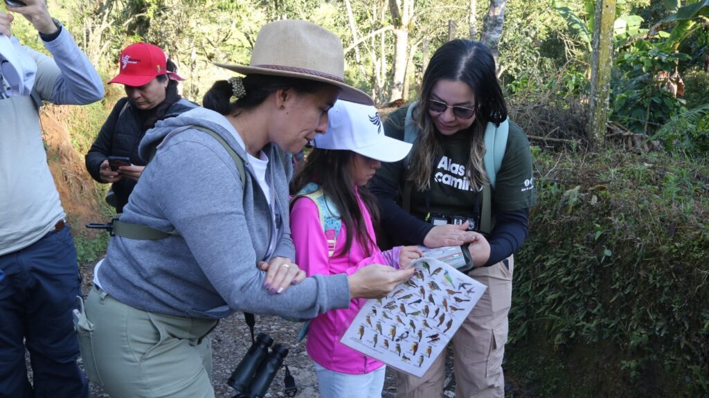 Tres participantes consultan una guía ilustrada de aves en el sendero