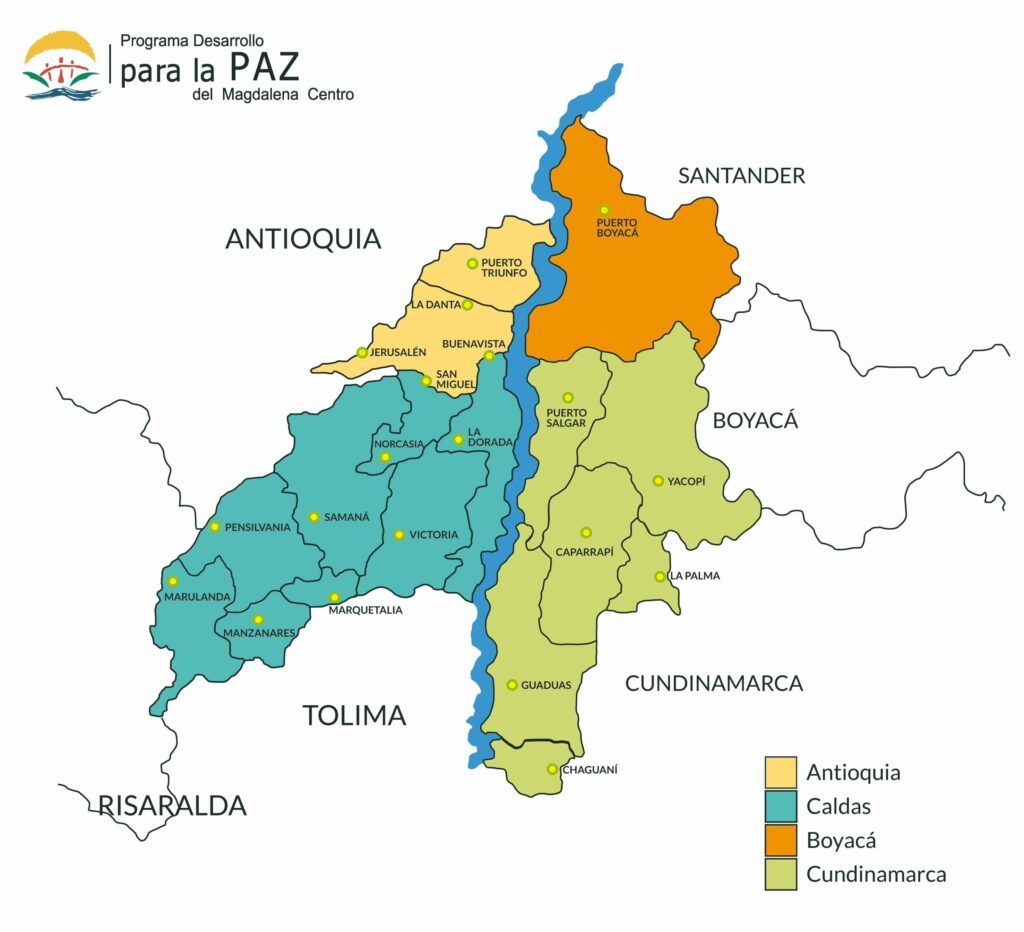 Mapa de los municipios del área de influencia del PDPMC en el Magdalena Centro